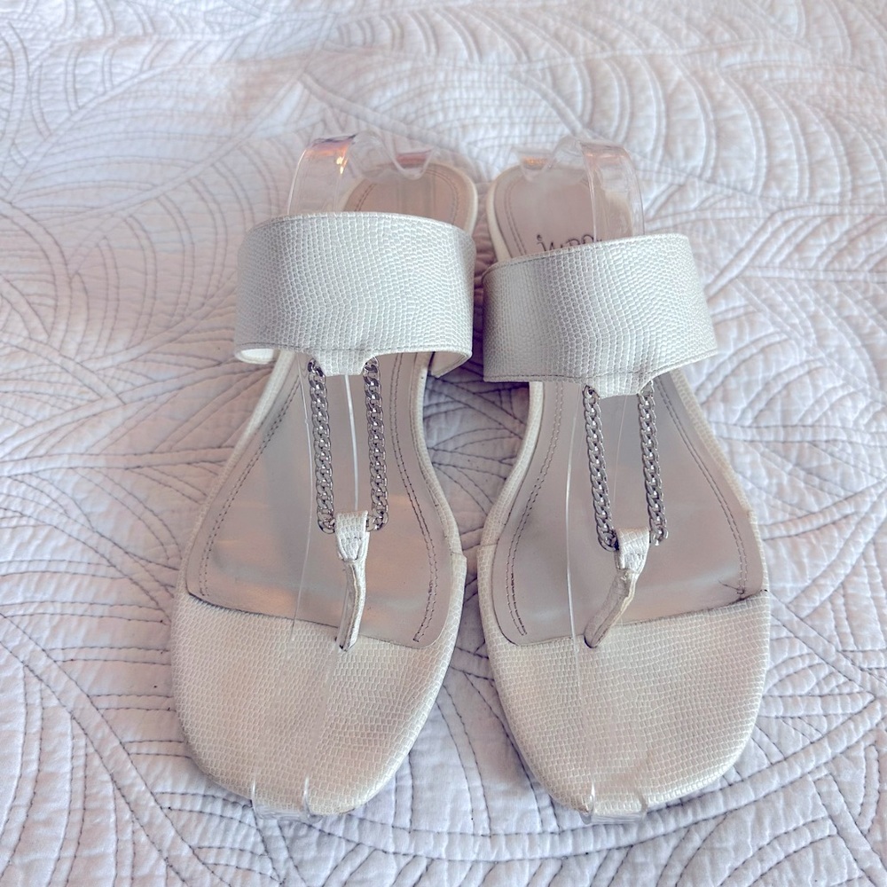 Impo White snake skin texture Thong Wedge sandals Rosinda w/silver detail size10